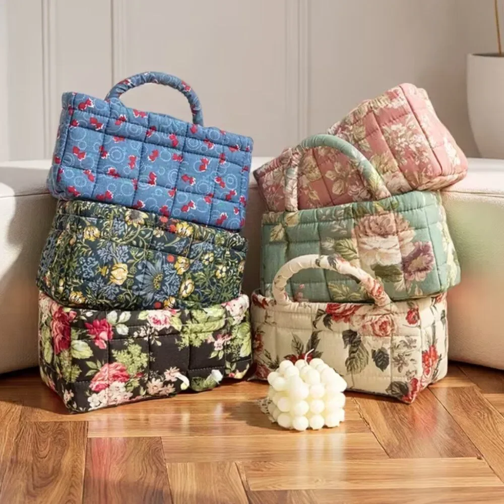 Vintage Floral Quilted Storage Basket Fabric Organizer Bin with Handles